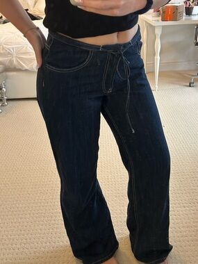 Zara Dark Blue Flare Jeans with Drawstring Waist